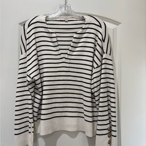 LOFT Women's V-Neck Striped Sweater - Black & Cream